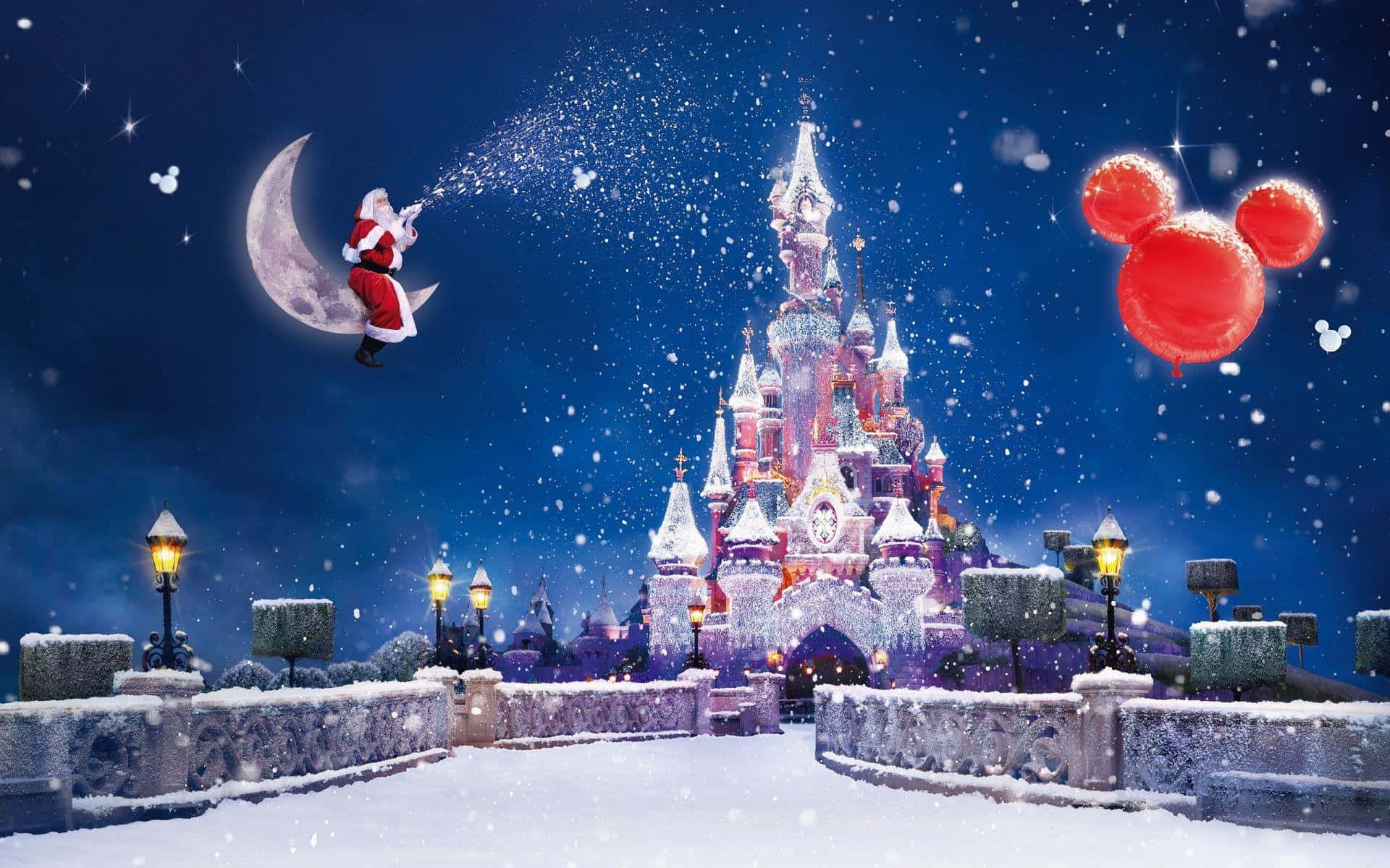 산타클로스가 풍선을 타고 성 위를 날아가는 모습 배경화면