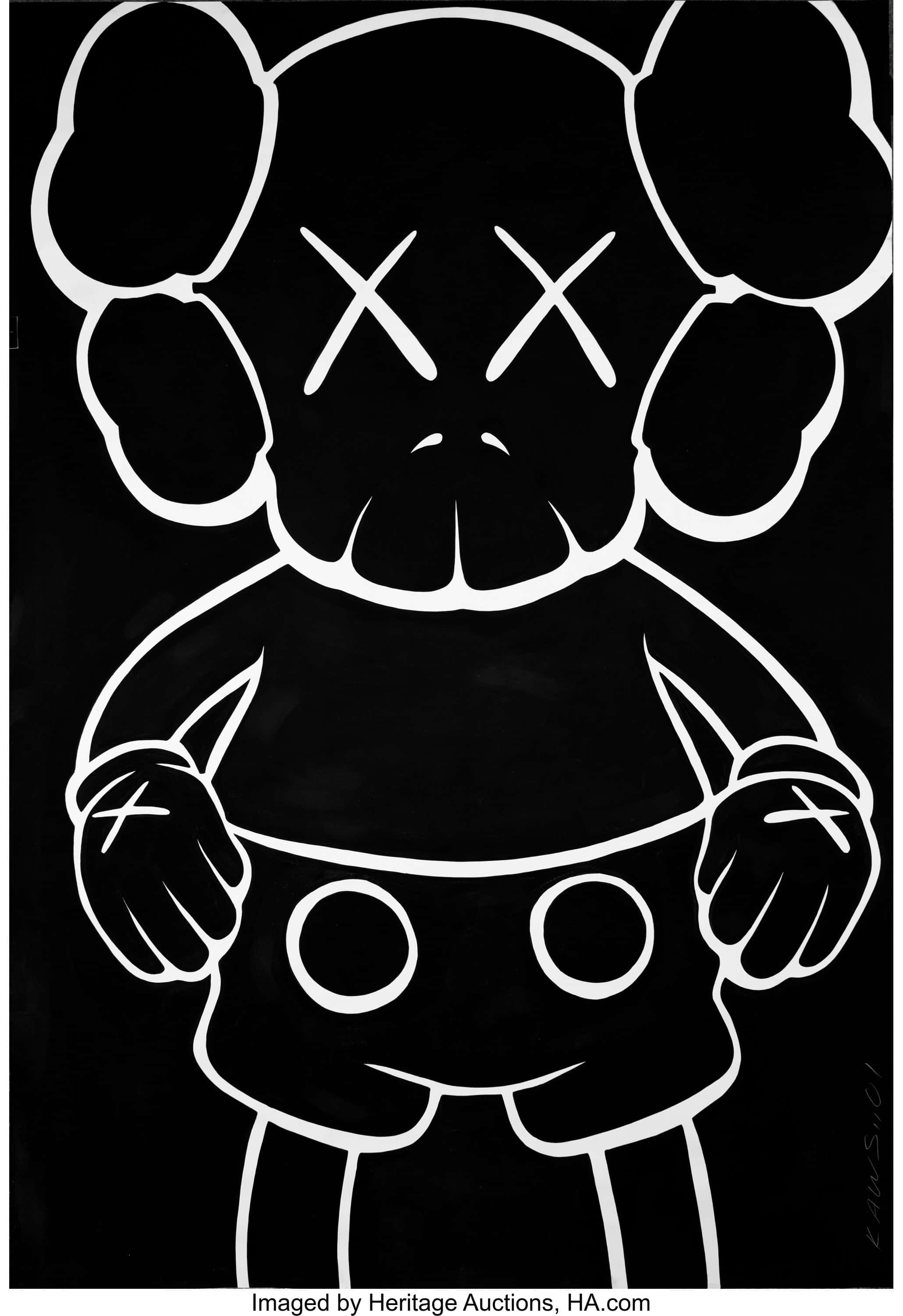 상징적인 KAWS 컴패니언 캐릭터가 푸른 하늘을 올려다보고 있는 모습 배경화면