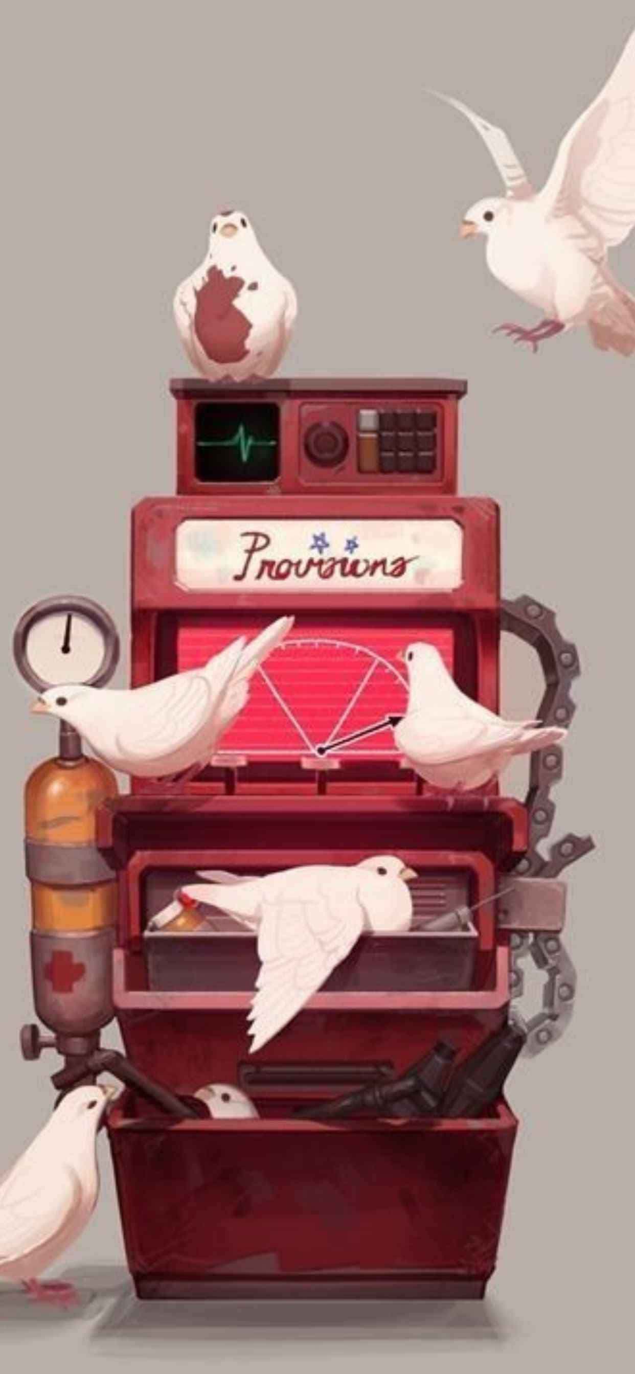 새들이 주변을 날아다니는 빨간색 기계 배경화면