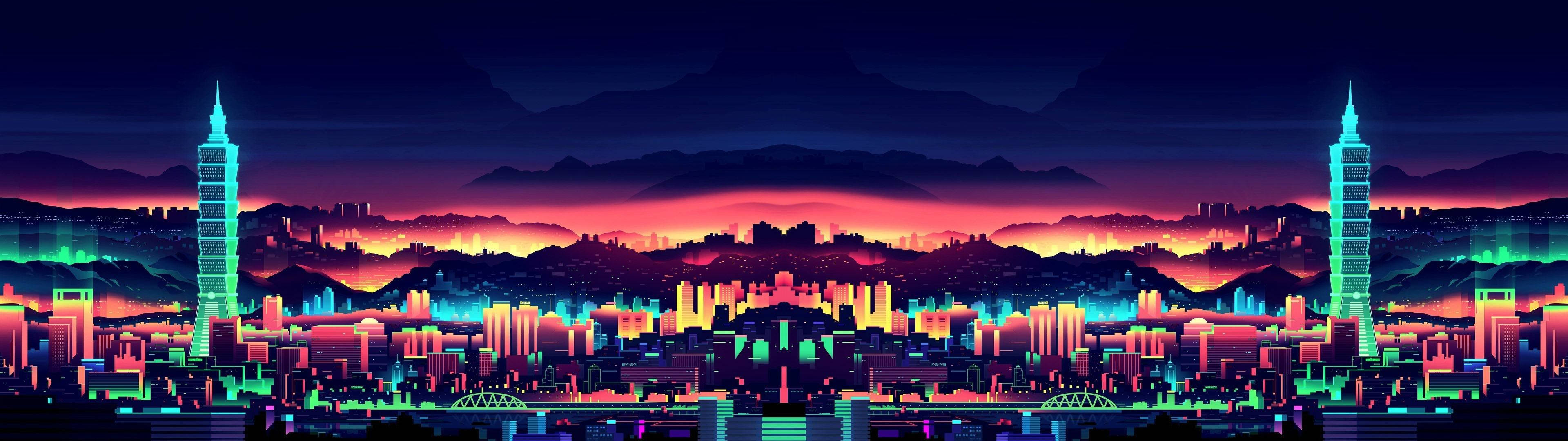 3840x1080 HD 듀얼 모니터 도시 아트 — 듀얼 모니터 배경화면
