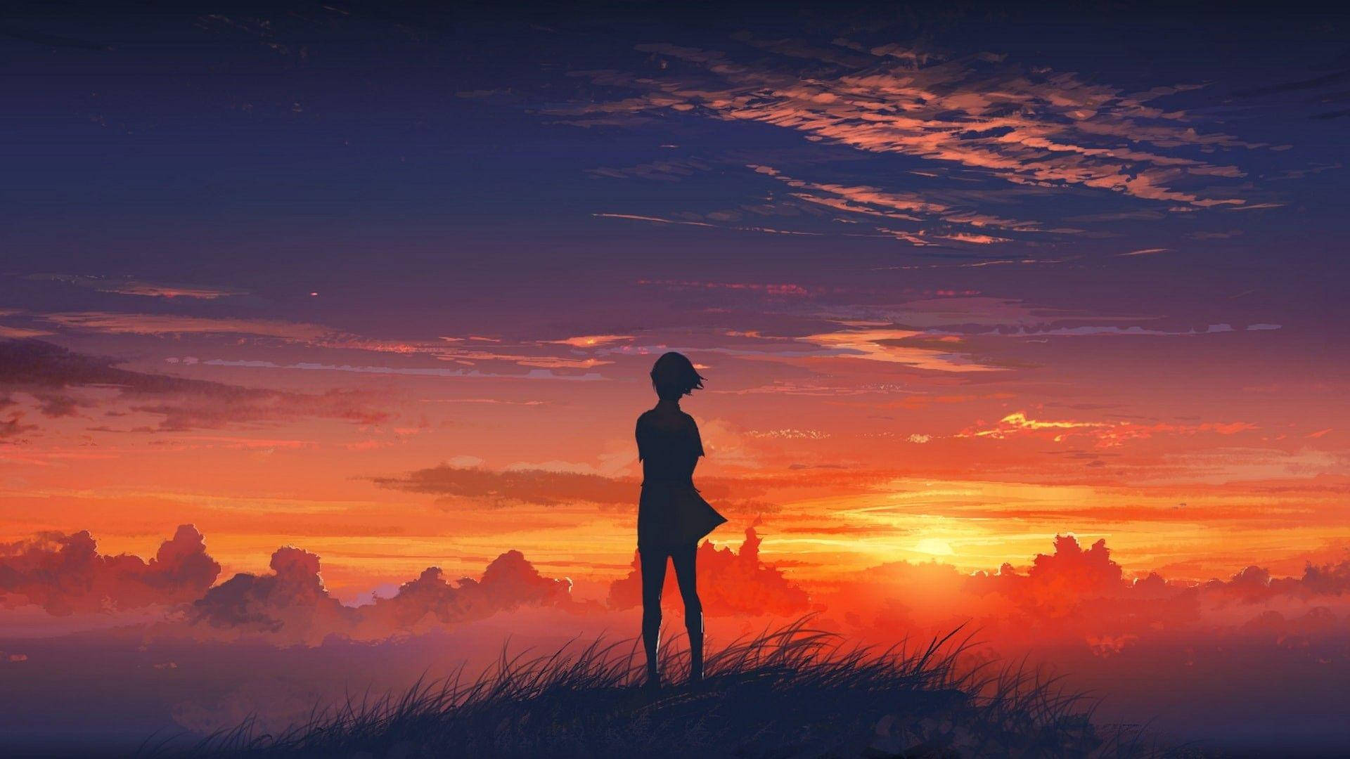 소녀 실루엣 애니메이션 감성 일몰 배경화면