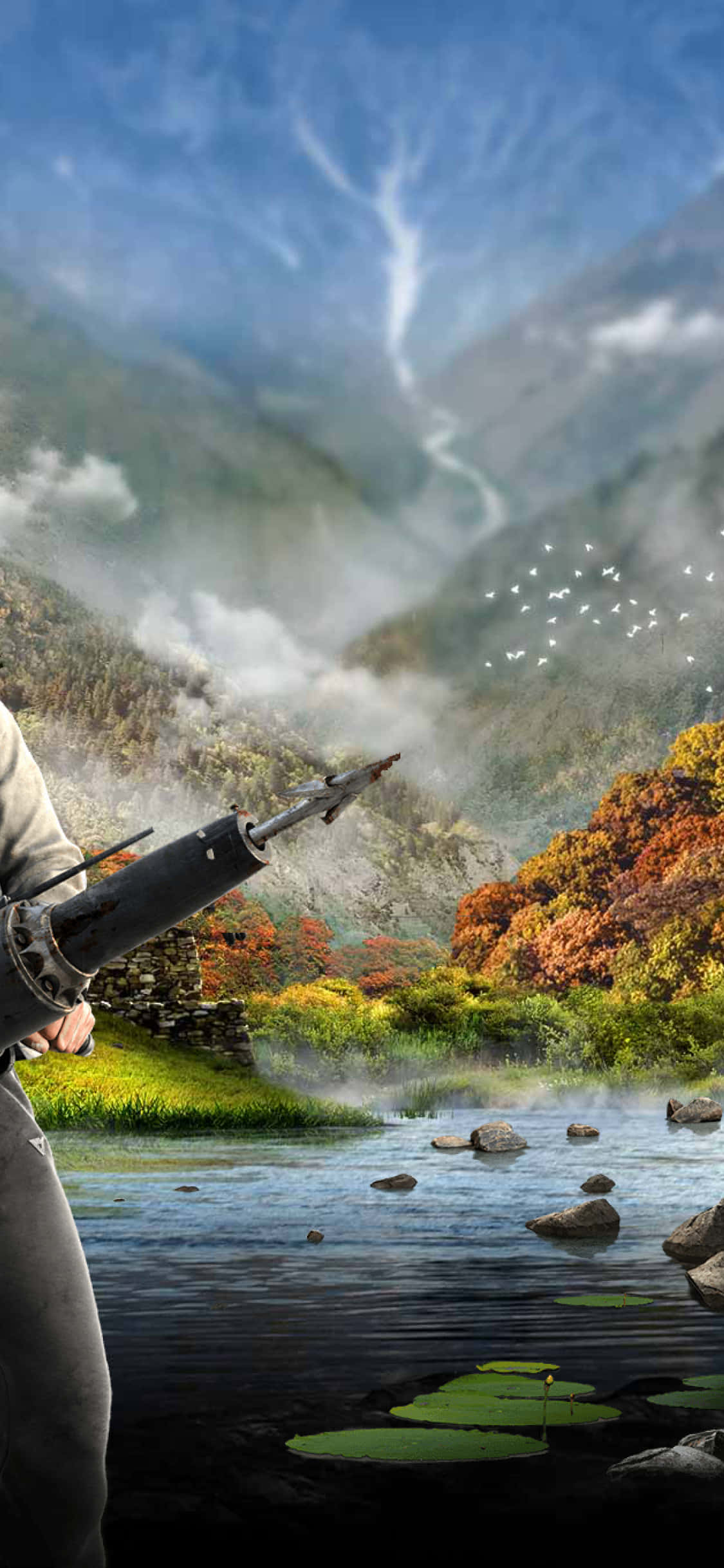 소총을 든 남자가 호수 앞에 서 있다 배경화면