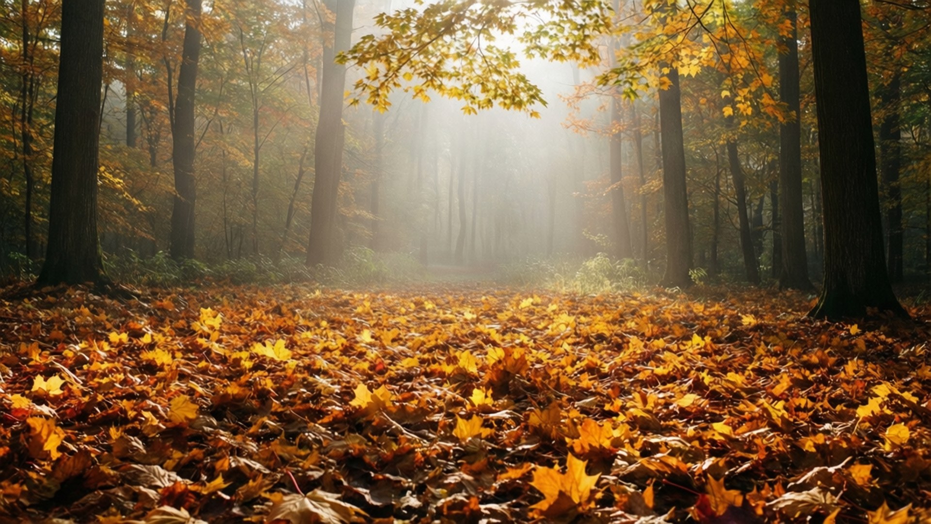 안개 자욱한 황금빛 숲 배경화면