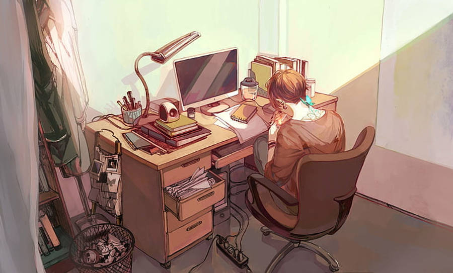 애니 남성의 노트북 작업대 뒷모습 배경화면