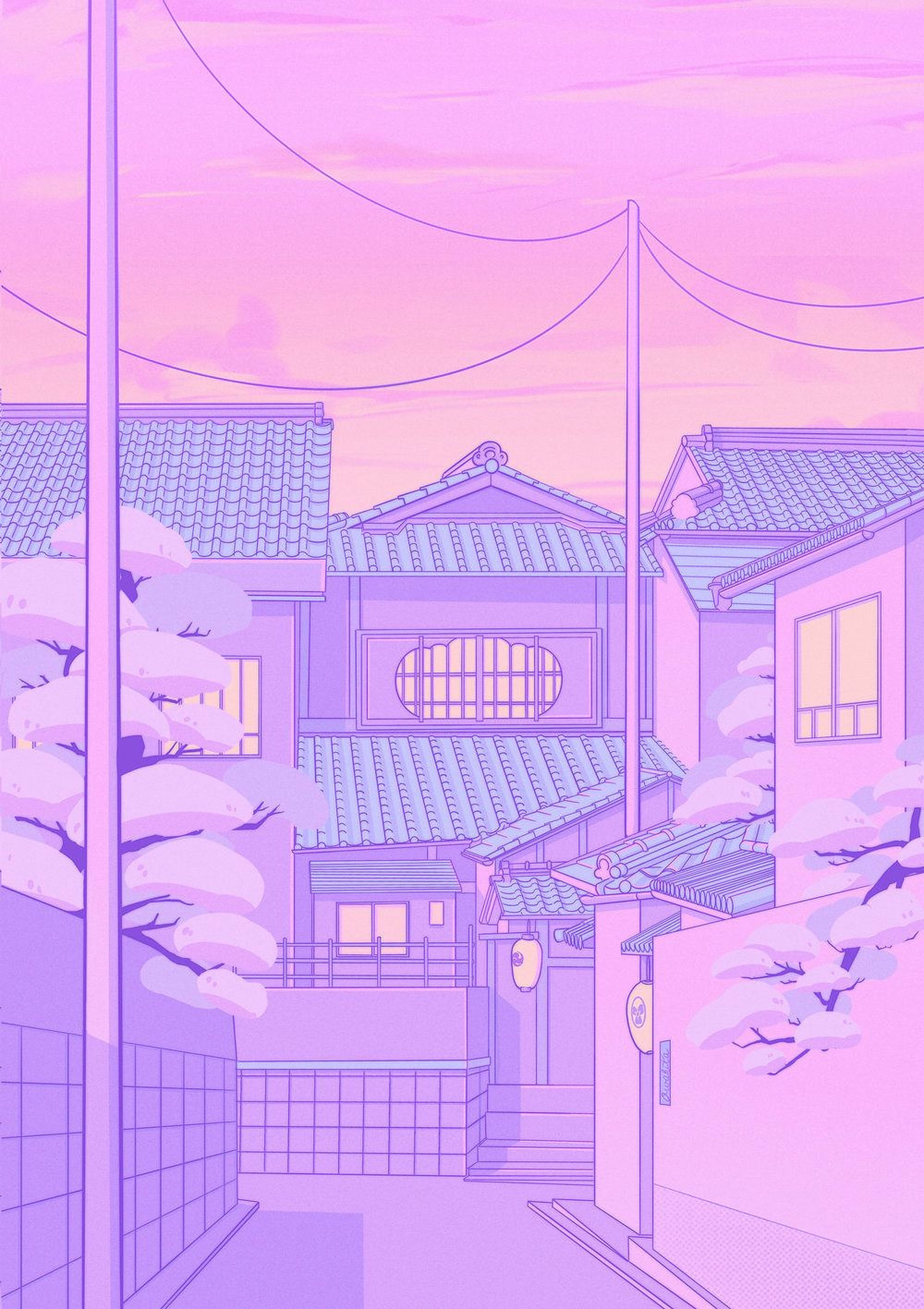 애니메이션 거리 파스텔 하늘 배경 배경화면