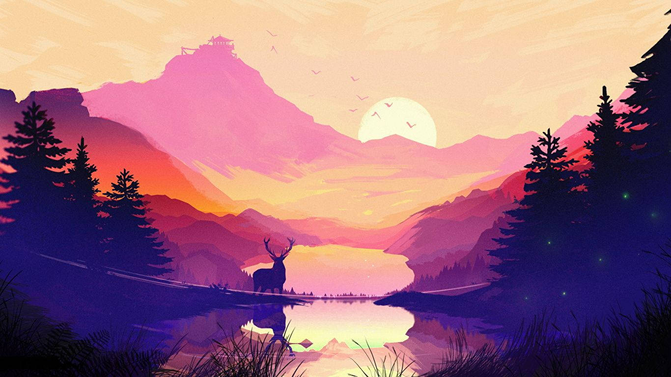 야생의 사슴이 있는 평온하고 장엄한 풍경 배경화면