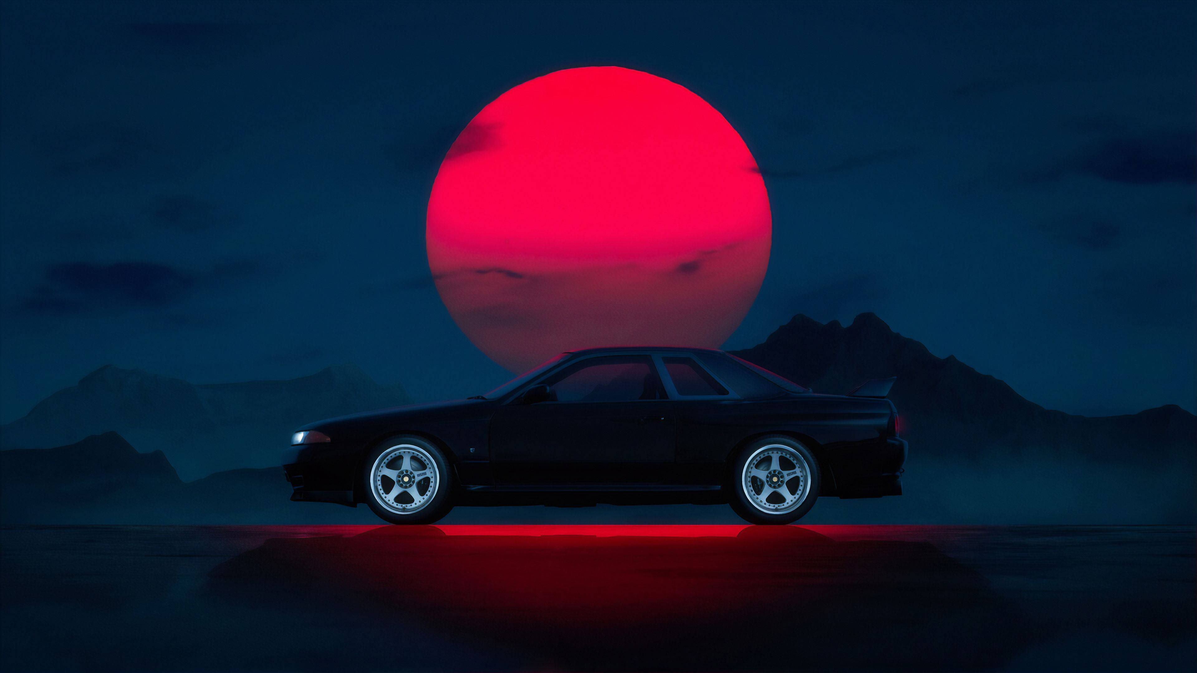 어두운 배경의 JDM 차량과 붉은 태양 배경화면