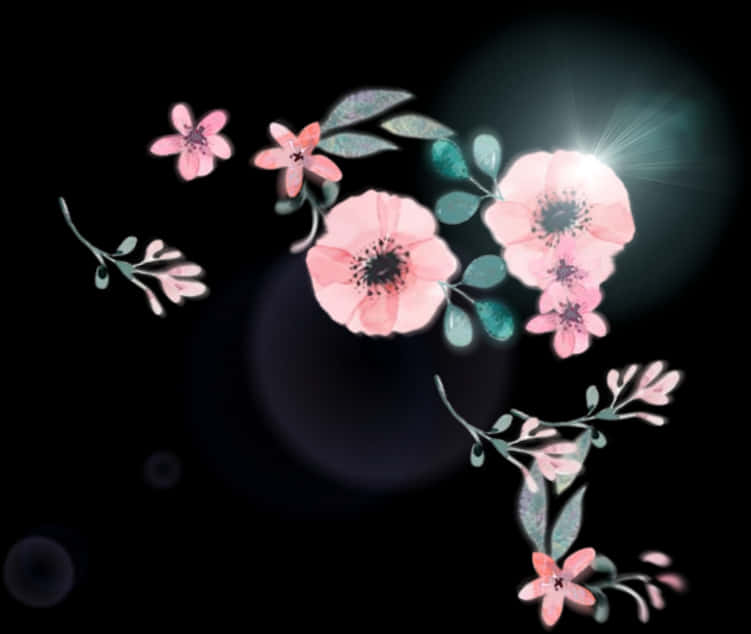 어두운 배경의 빛나는 분홍 꽃 배경화면