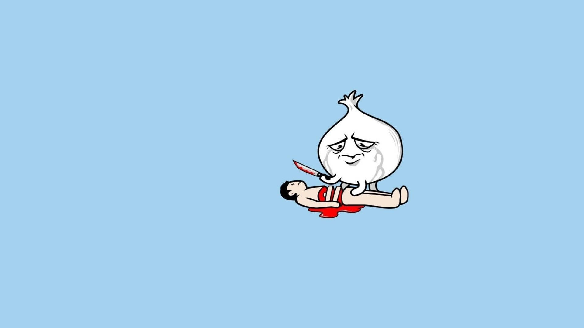 예상치 못한 웃음: 눈물 흘리는 웃긴 마늘 캐릭터 배경화면