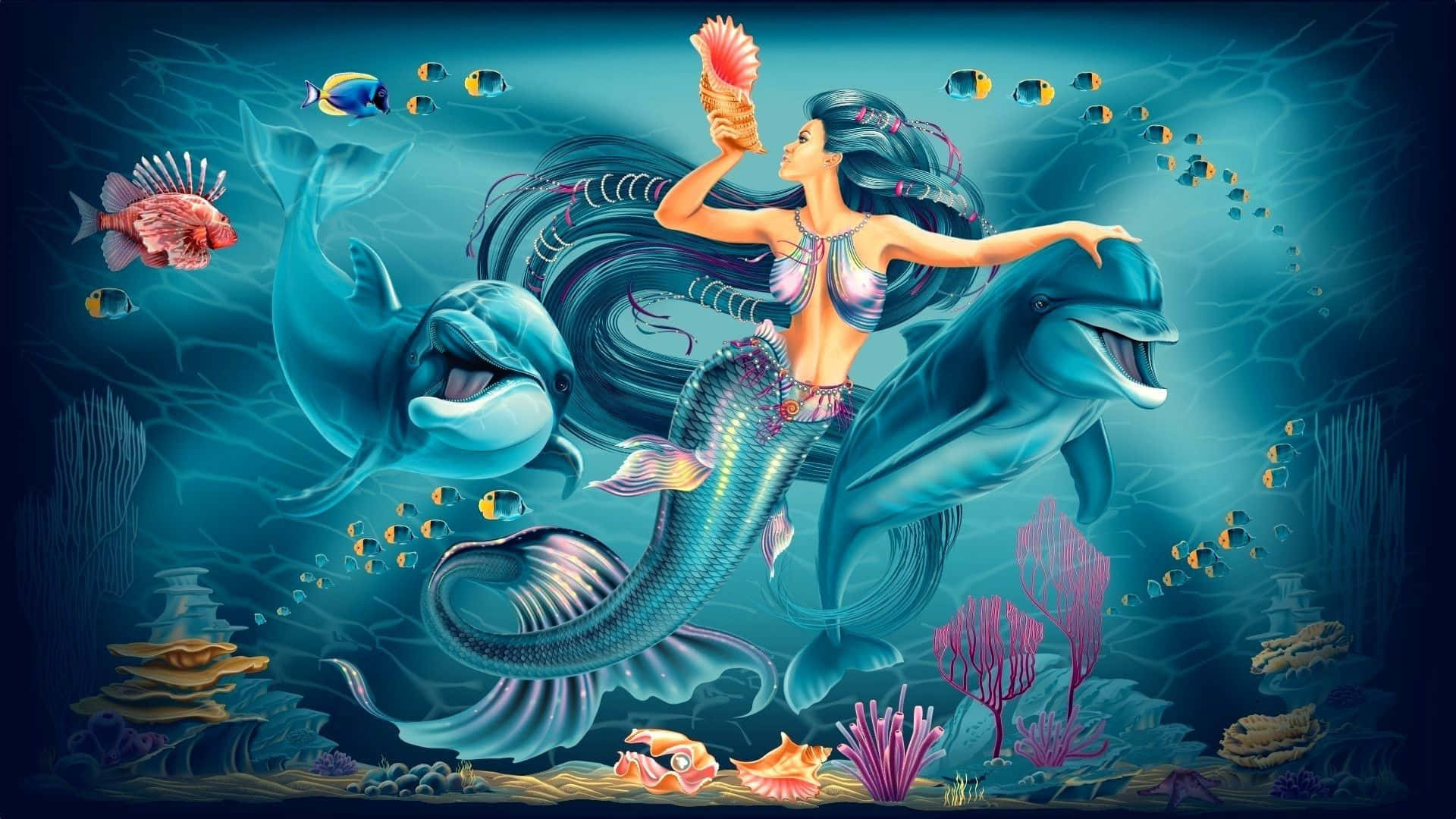 인어와 푸른 돌고래 그림 배경화면