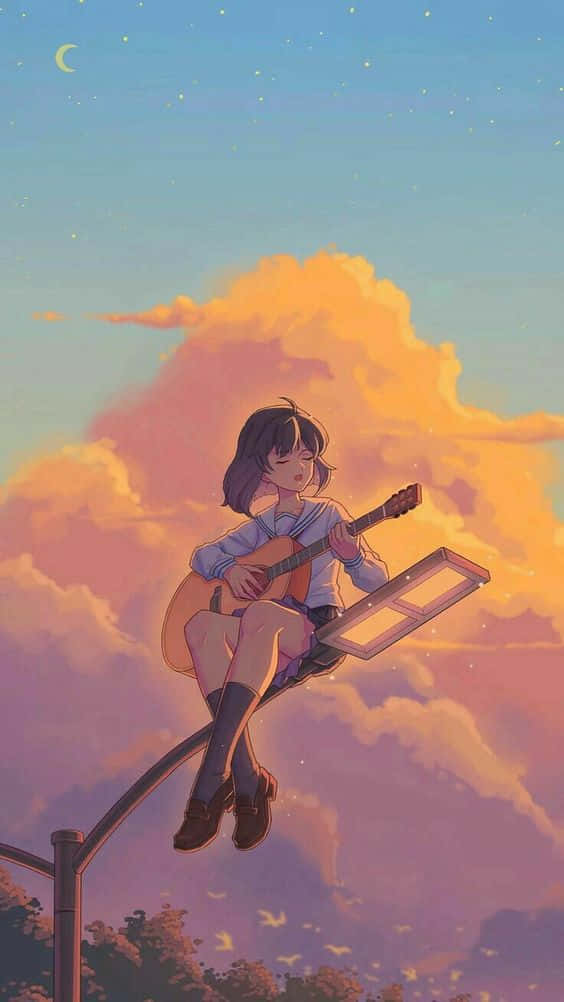일몰 애니메이션 소녀 기타 연주 감성 배경화면