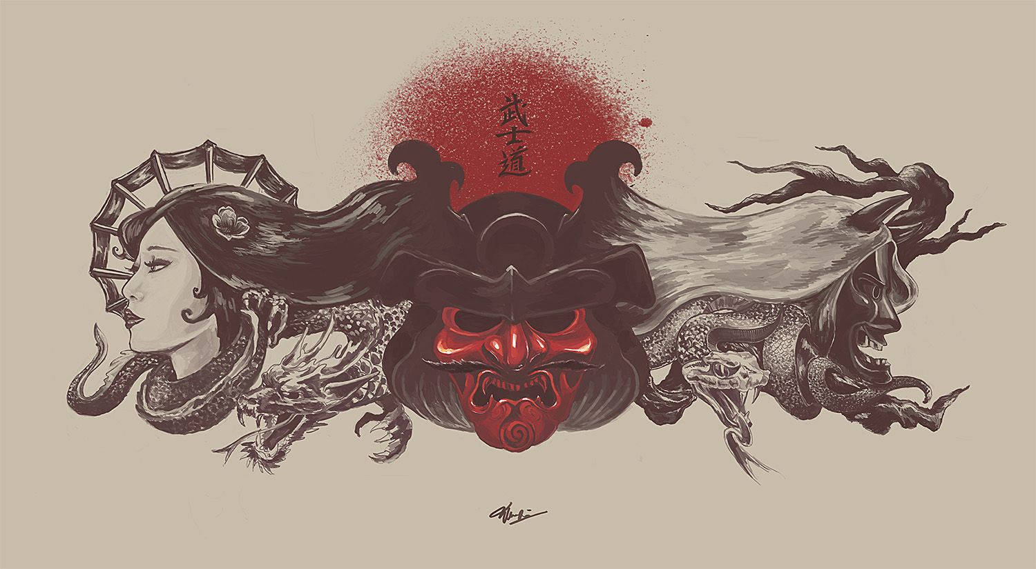 일본 사무라이 여성과 악마 배경화면
