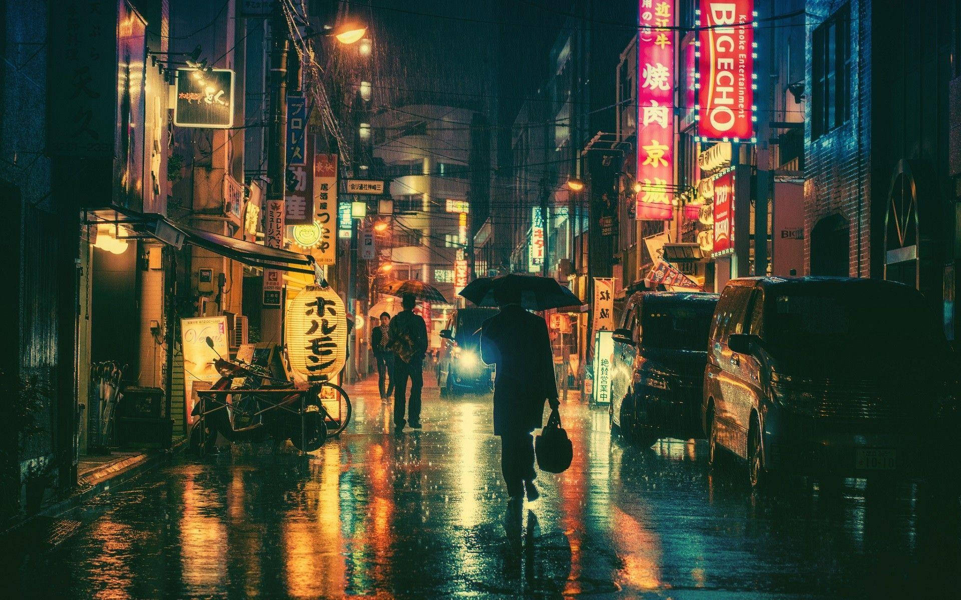 일본 애니메이션 도시 거리와 빌보드 배경화면