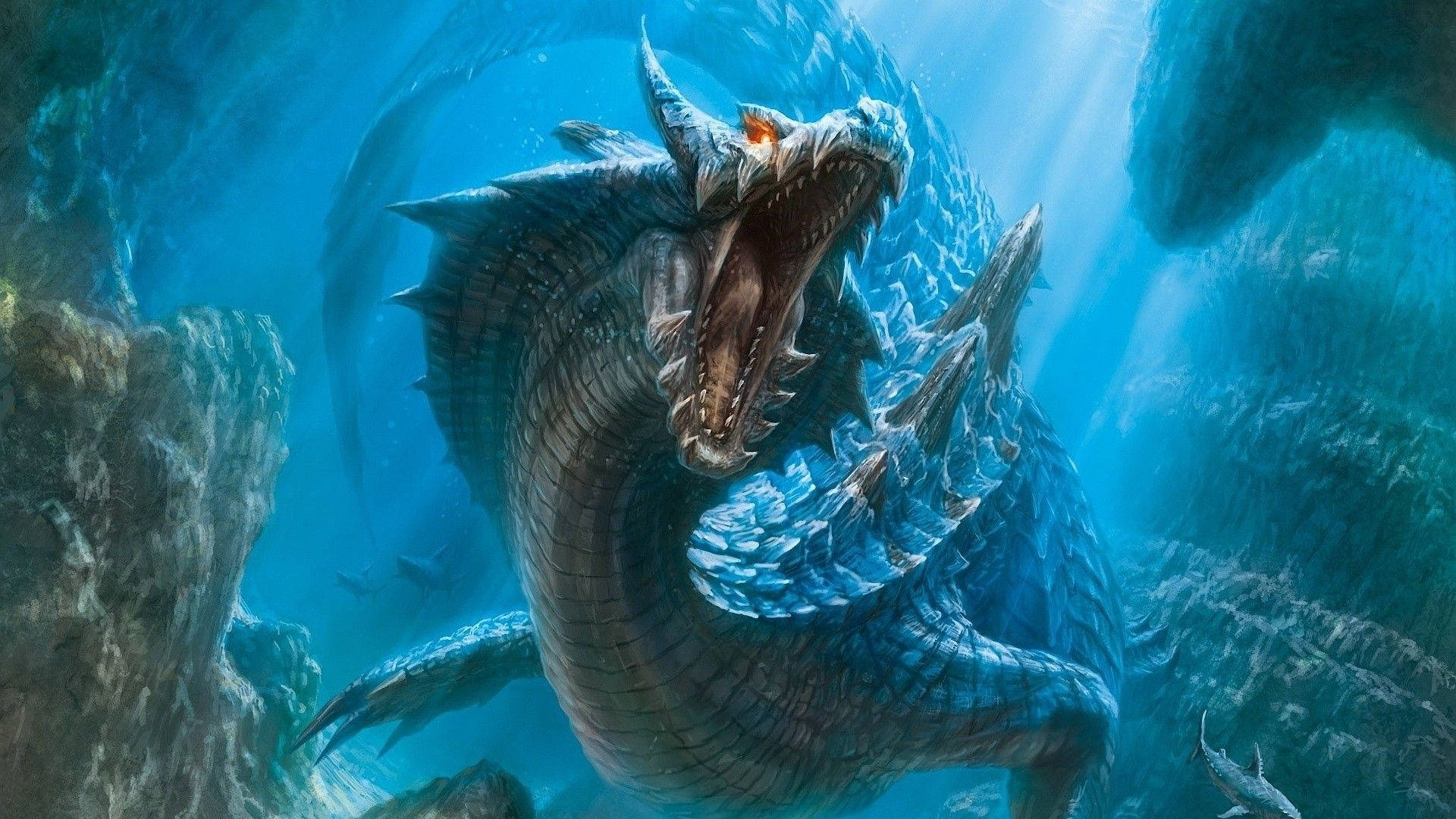 장엄한 일본 용의 수중 세계 배경화면