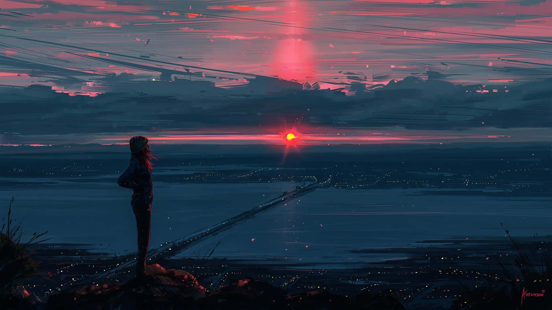 절벽 위에서 석양 도시를 바라보는 애니메이션 소녀