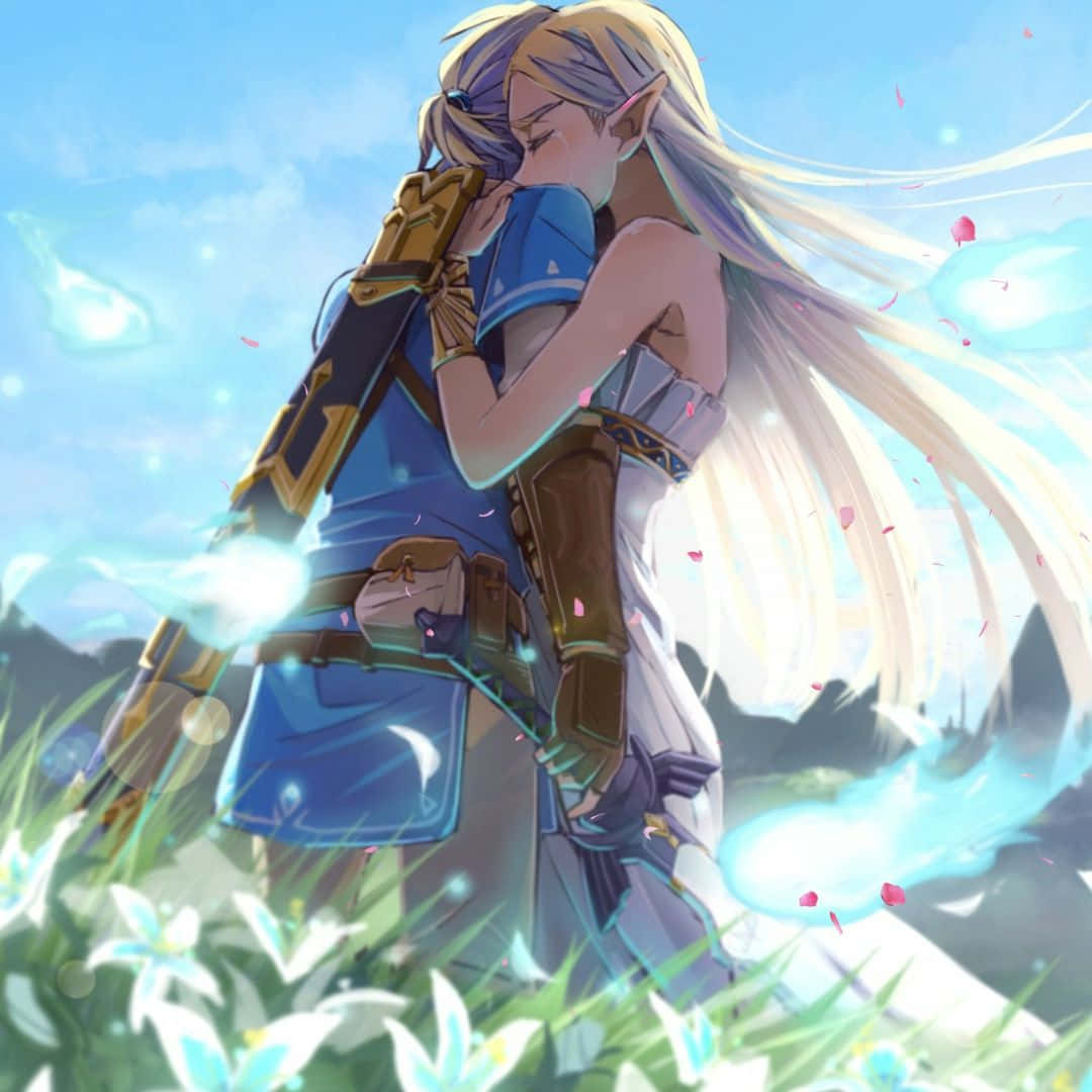젤다 공주와 링크가 포옹하는 BOTW 배경화면