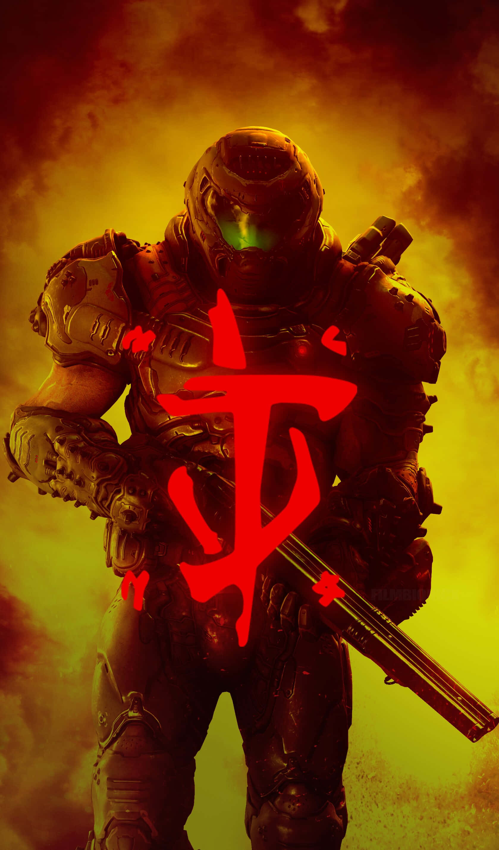 중국어 문자가 있는 Pixel 3xl Doom 배경 배경화면