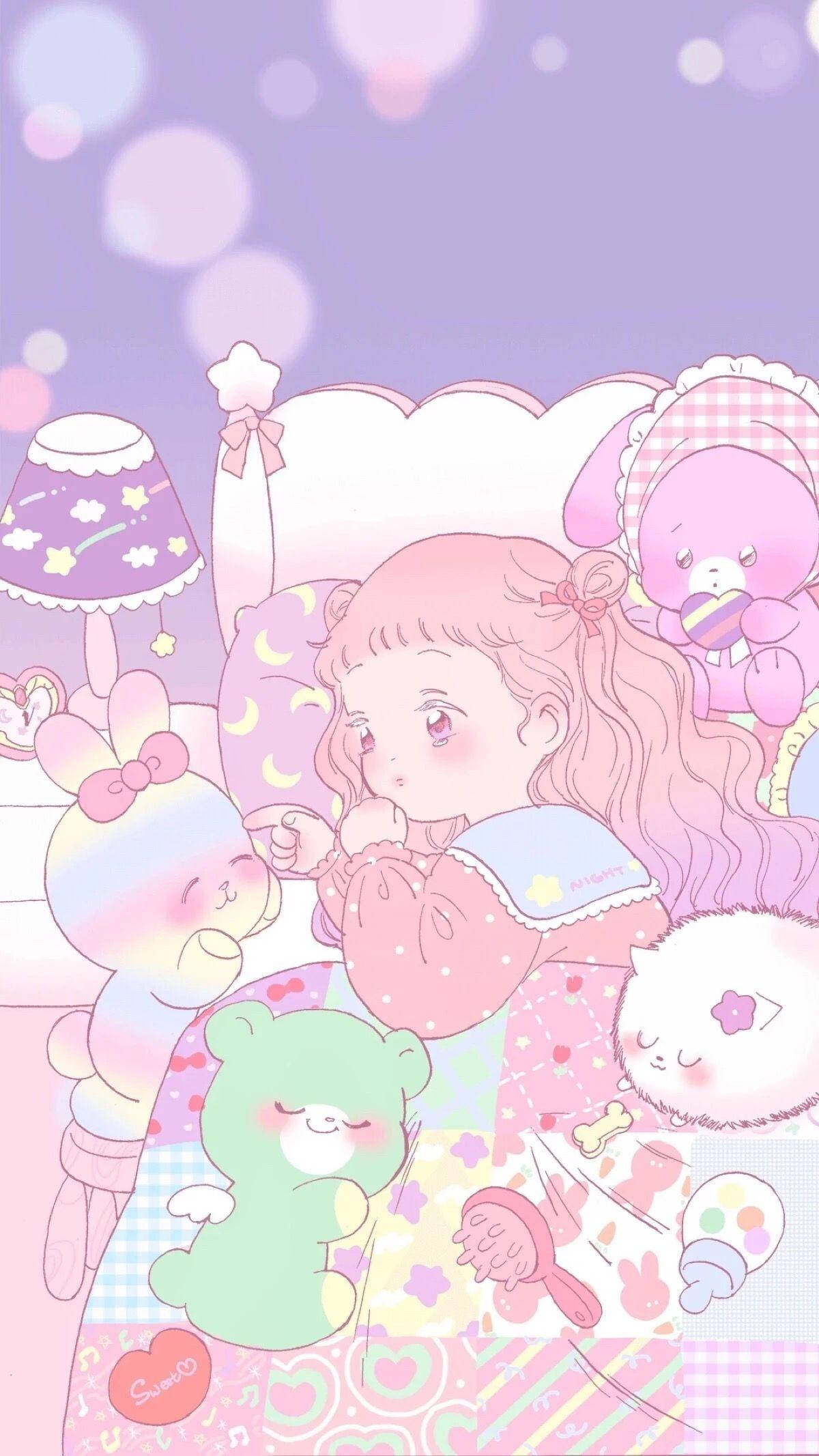 침대 위 인형들과 함께 있는 귀여운 애니메이션 소녀 배경화면