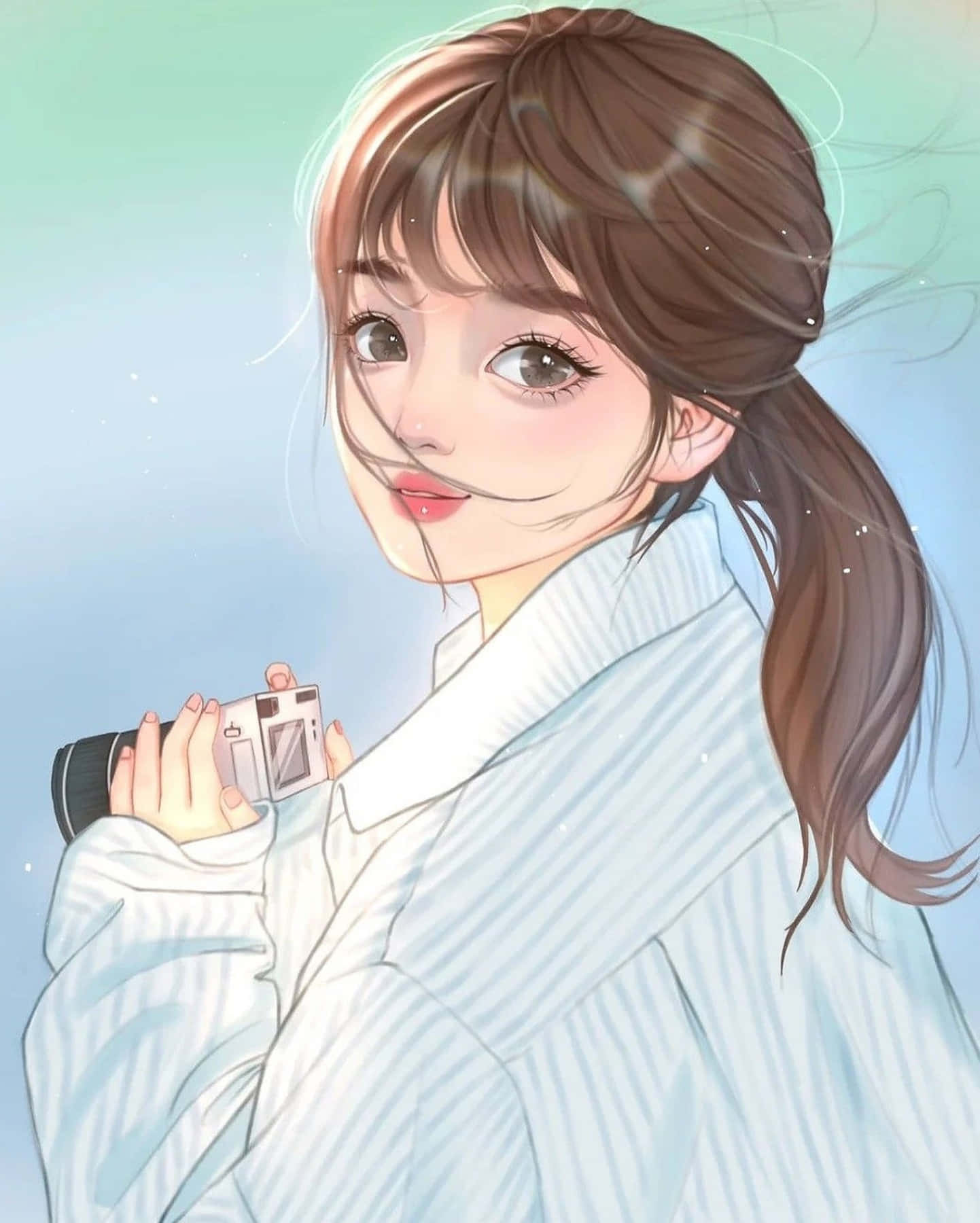 카메라를 들고 있는 귀여운 프로필 애니메이션 소녀 사진 배경화면