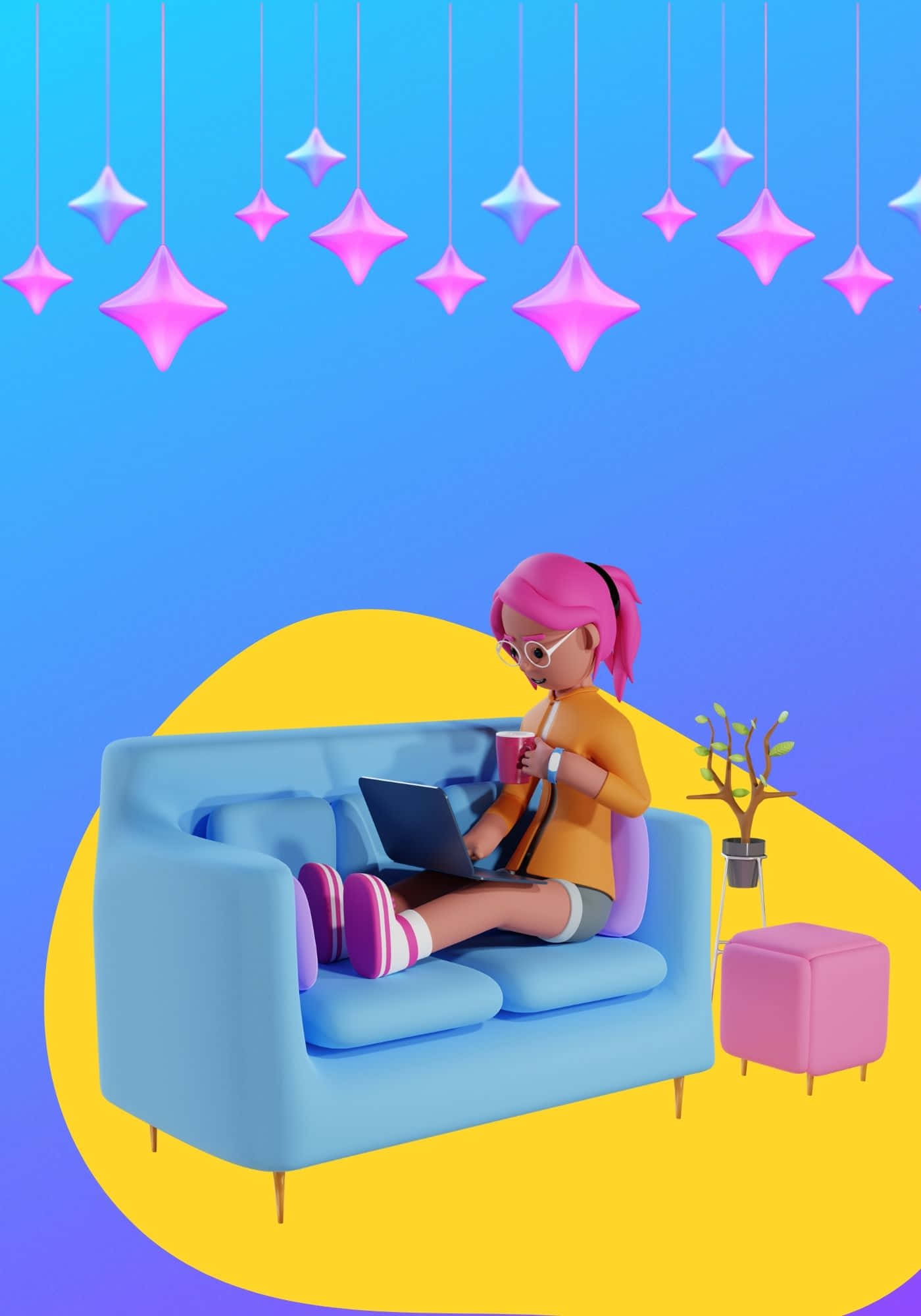 쿨한 3D 여성과 파란 소파 배경 배경화면