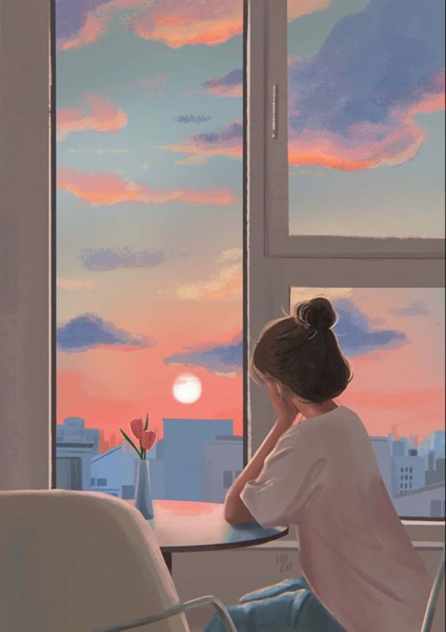평온한 애니메이션 소녀 미학 석양 하늘 배경화면