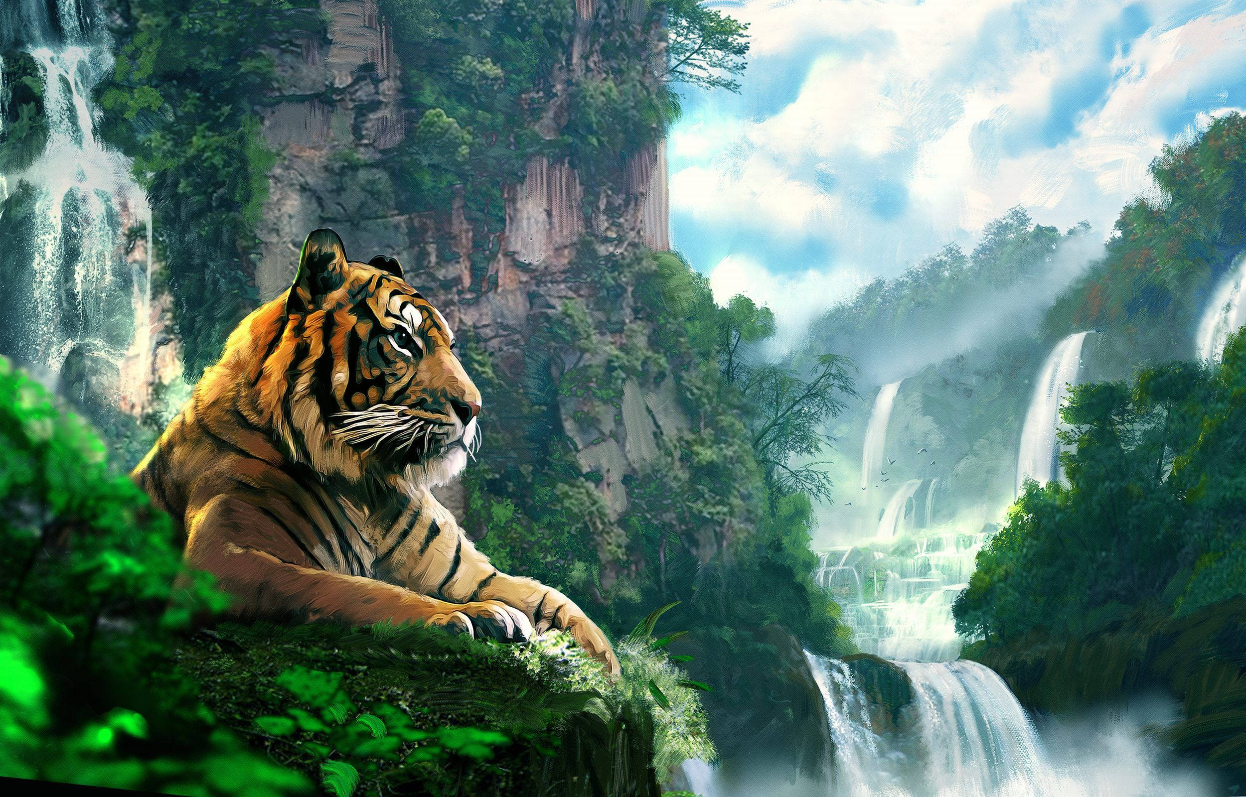 폭포 옆 호랑이 그림 배경화면