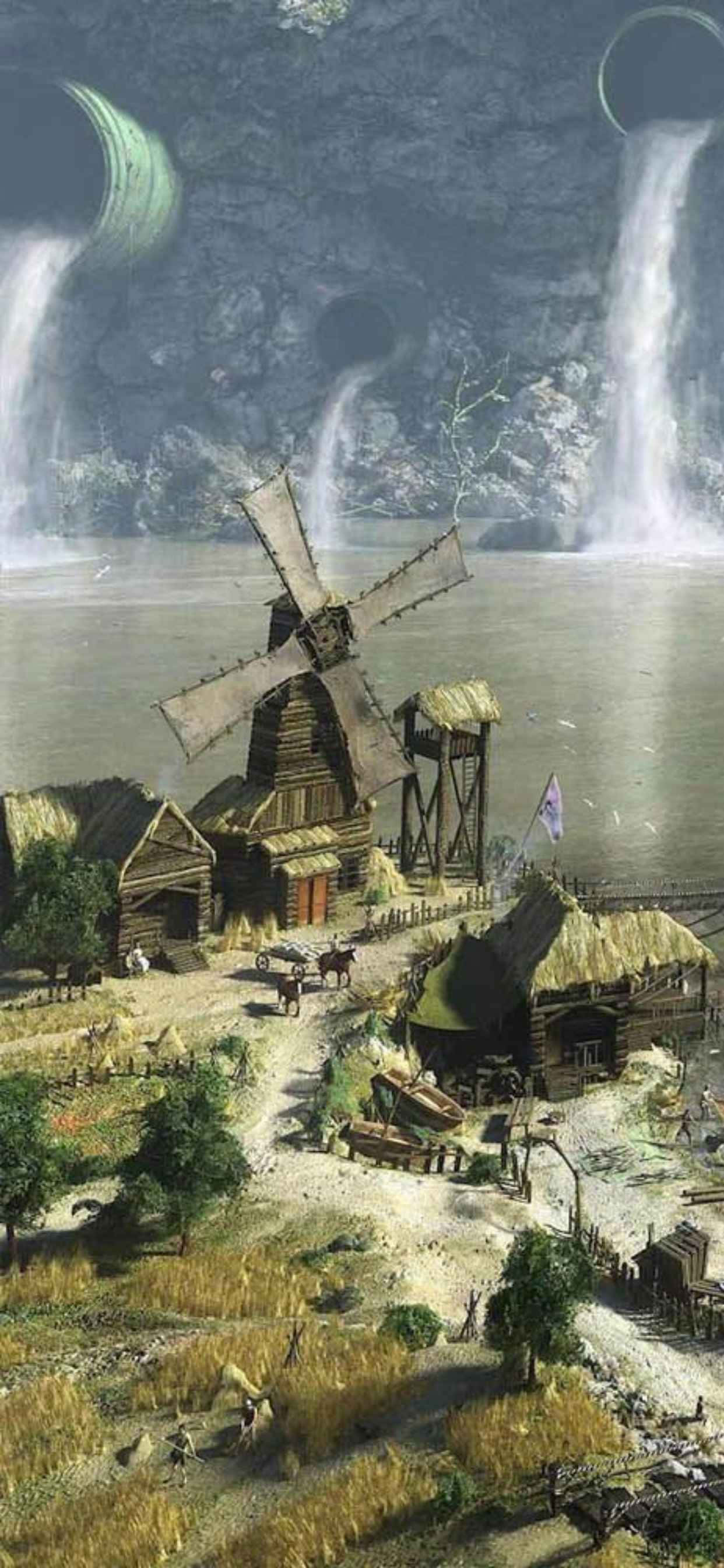 풍차와 폭포가 있는 그림 배경화면