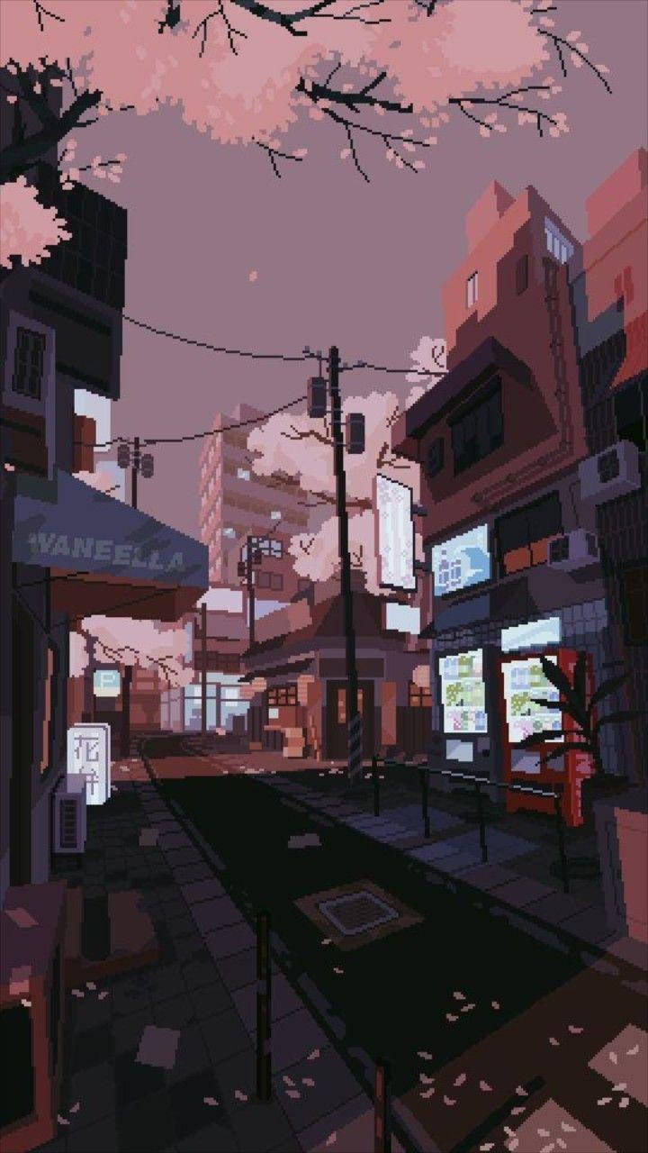 픽셀화된 핑크와 브라운 감성 도시 배경화면