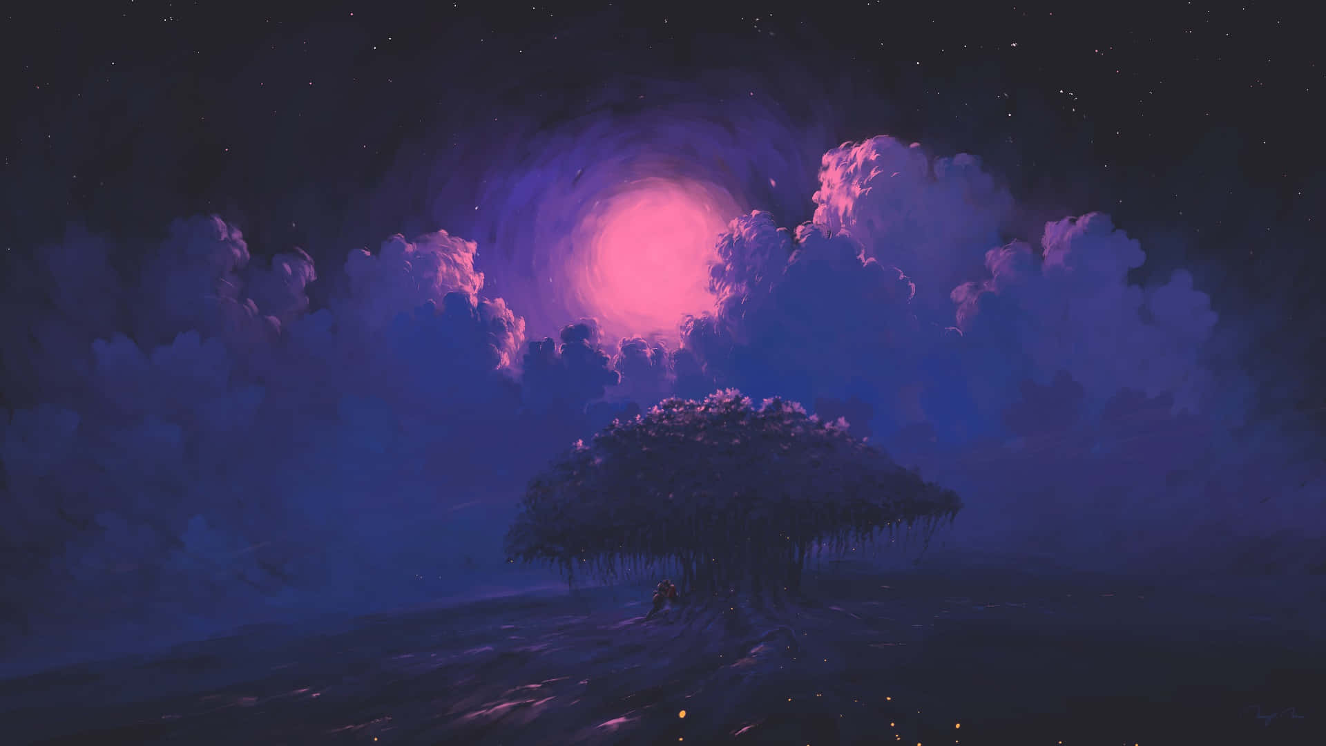 핑크 달이 떠 있는 하늘 그림 배경화면
