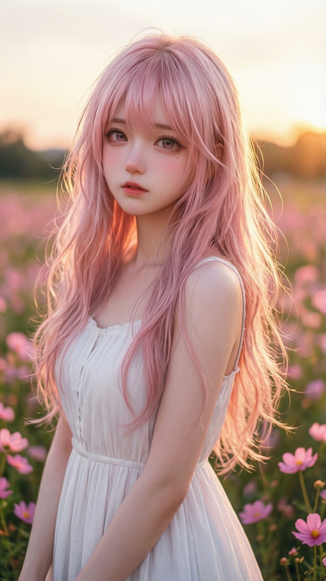 핑크 들판의 애니메이션 소녀 배경화면