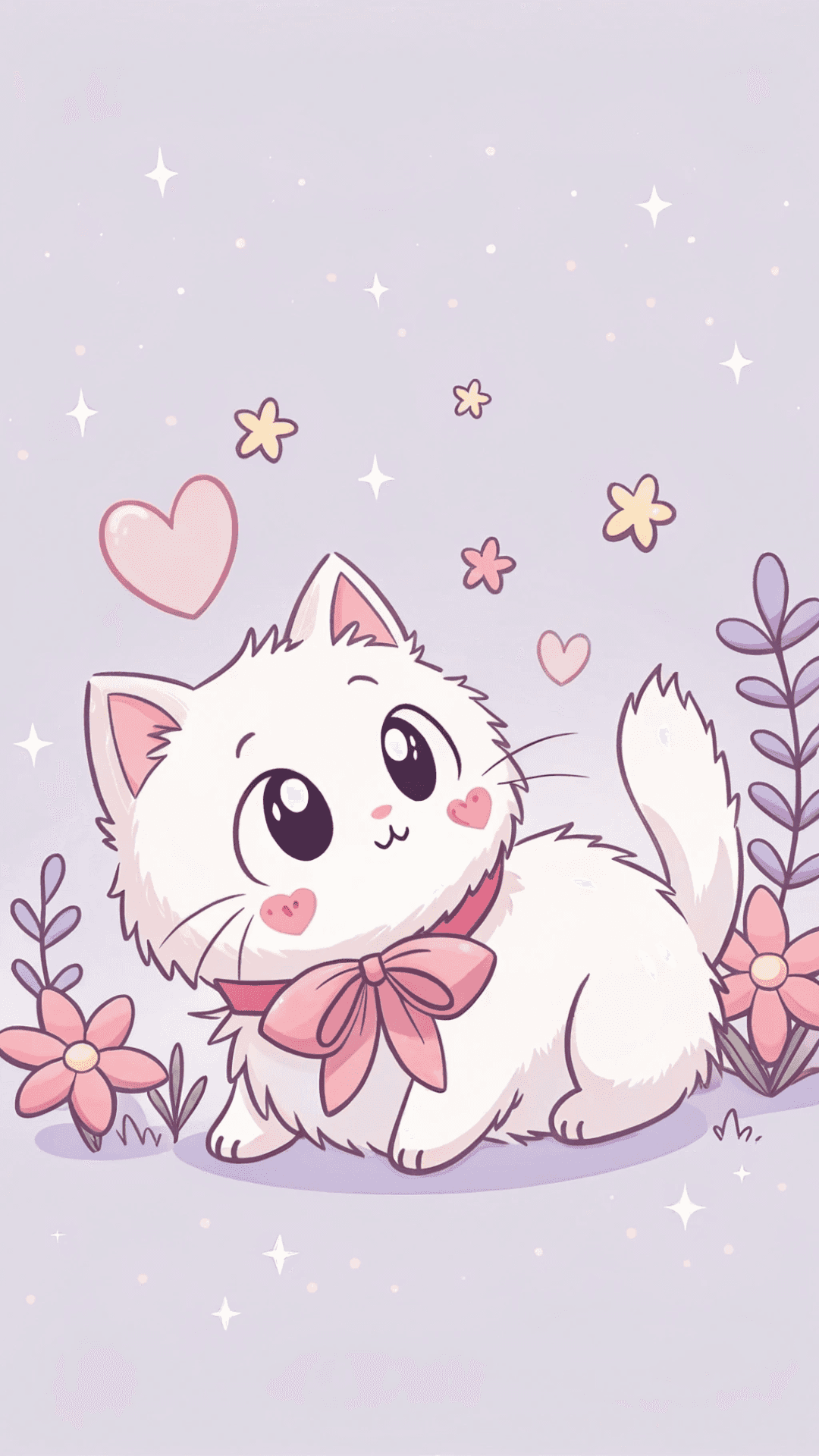 핑크 리본을 단 귀여운 치비 고양이 카와이 아트 배경화면