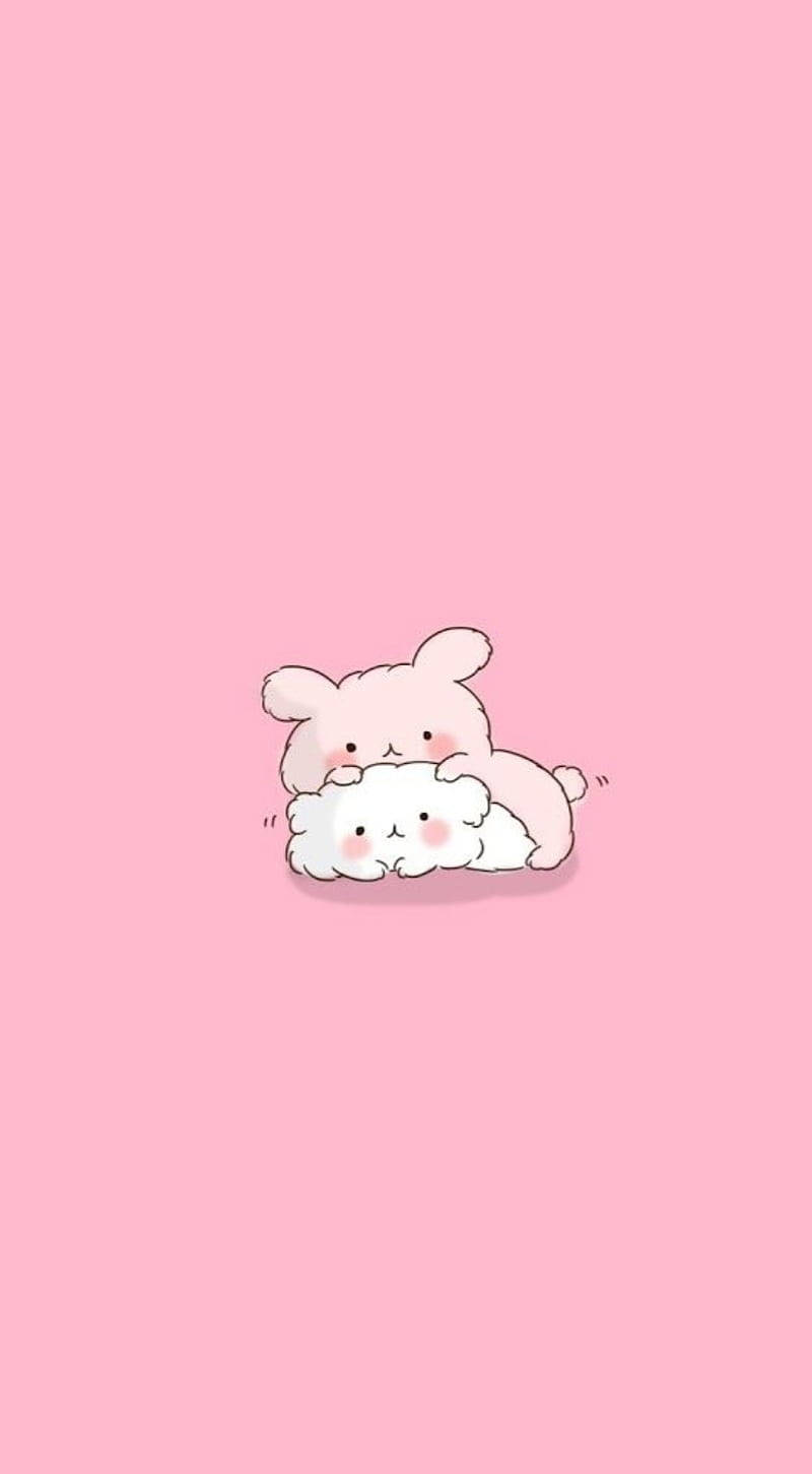핑크 카와이 토끼와 고양이 배경화면
