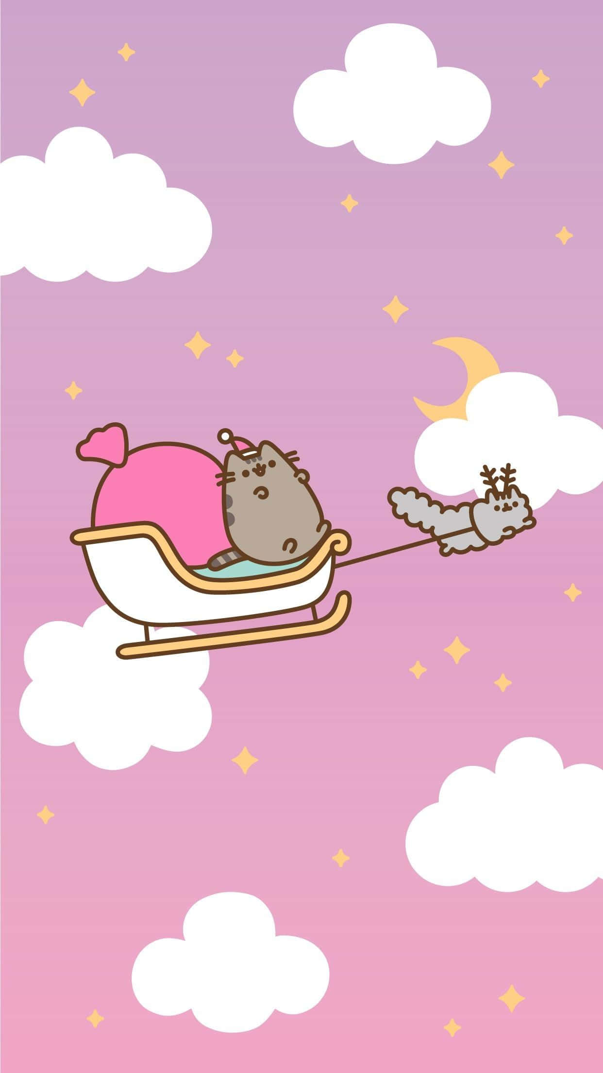 핑크 크리스마스 푸신 고양이 썰매 배경화면