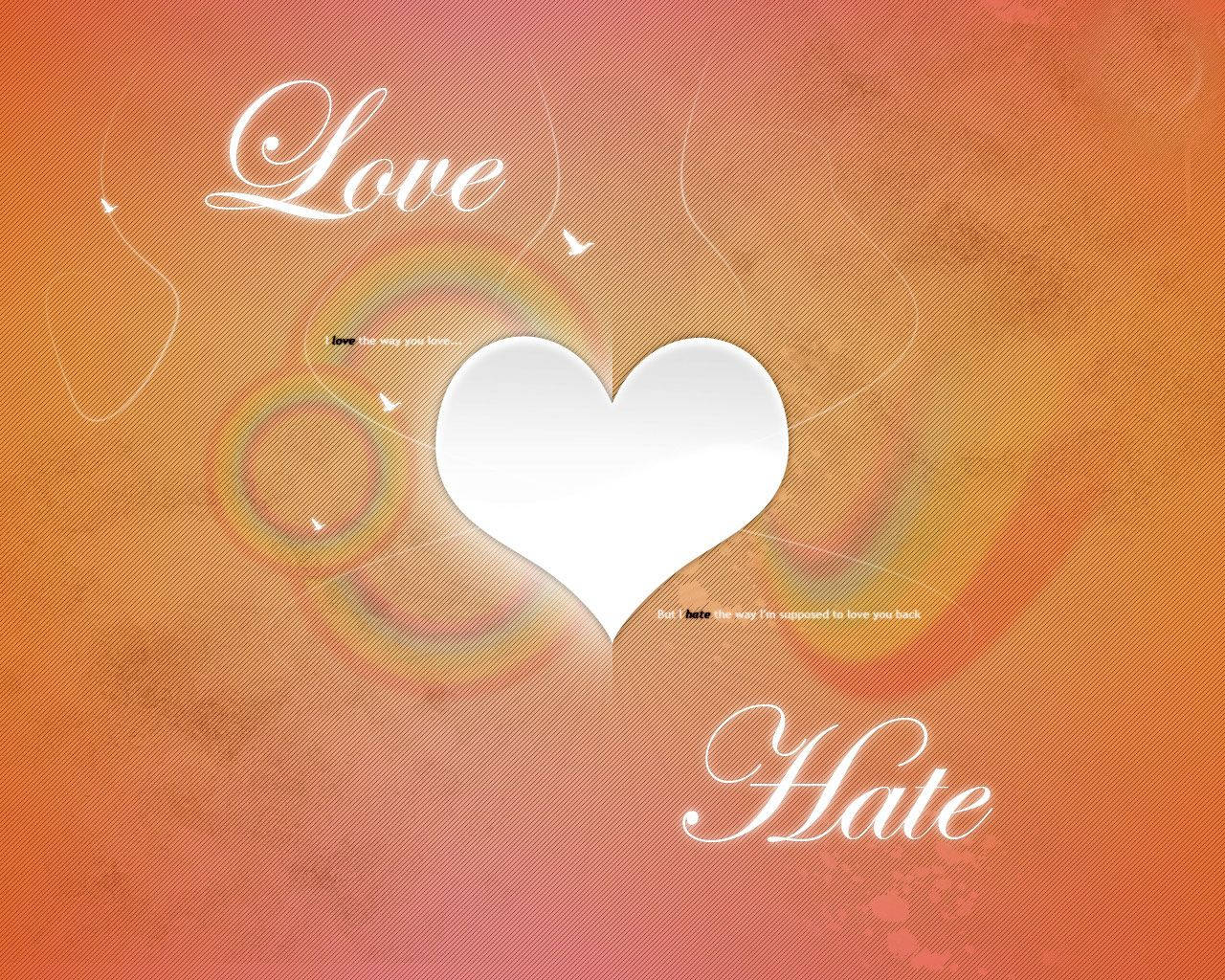 희미한 무지개가 있는 주황색 배경에 'love'와 'hate'라는 문구가 적힌 하얀 로맨틱 하트