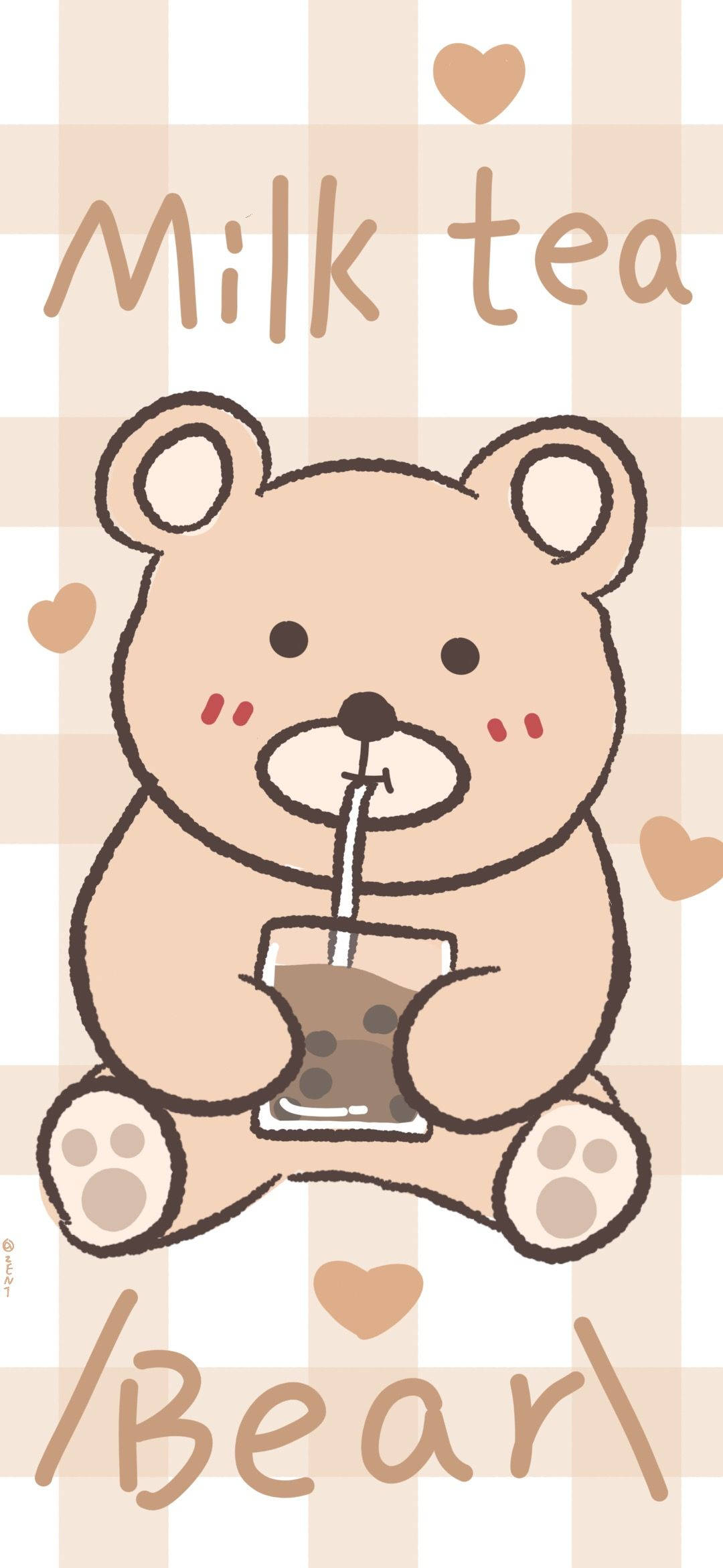 한국 곰이 밀크티를 즐기는 모습 배경화면
