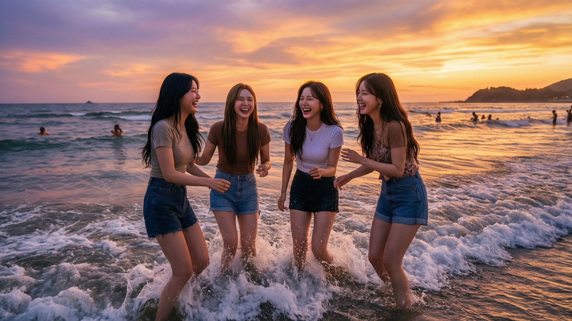 해변 석양 즐기기 배경화면