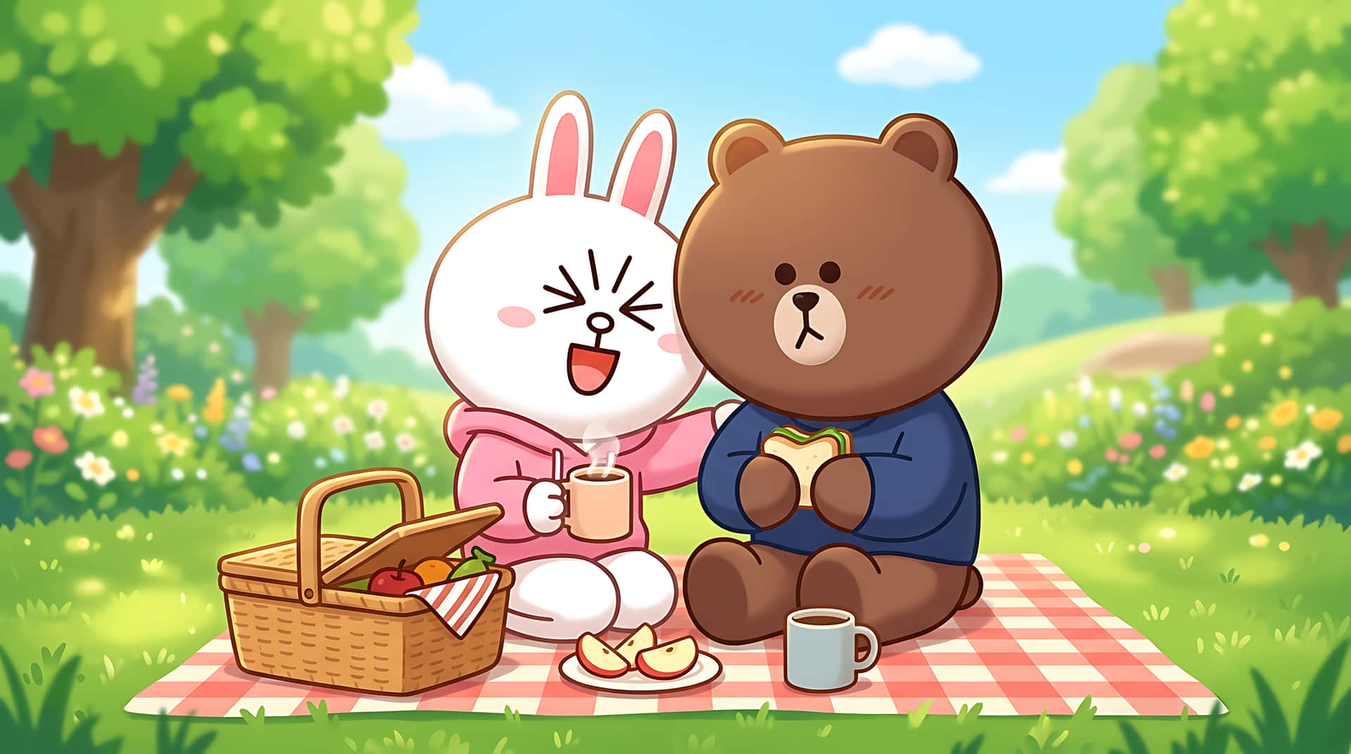 토끼,곰,토끼,소풍,공원,야외,자연,여름,우정,귀여운,귀여운,일러스트,만화,라이프스타일,여가,음식,샌드위치,커피,봄,햇살 — 귀여운 감성 GIF 배경화면
