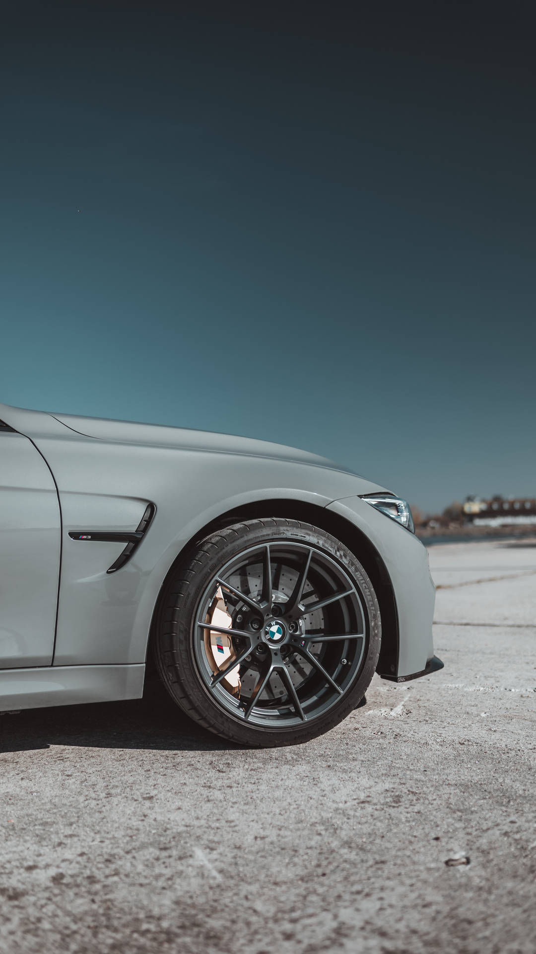 로고가 있는 회색 BMW 자동차 바퀴의 측면 배경화면