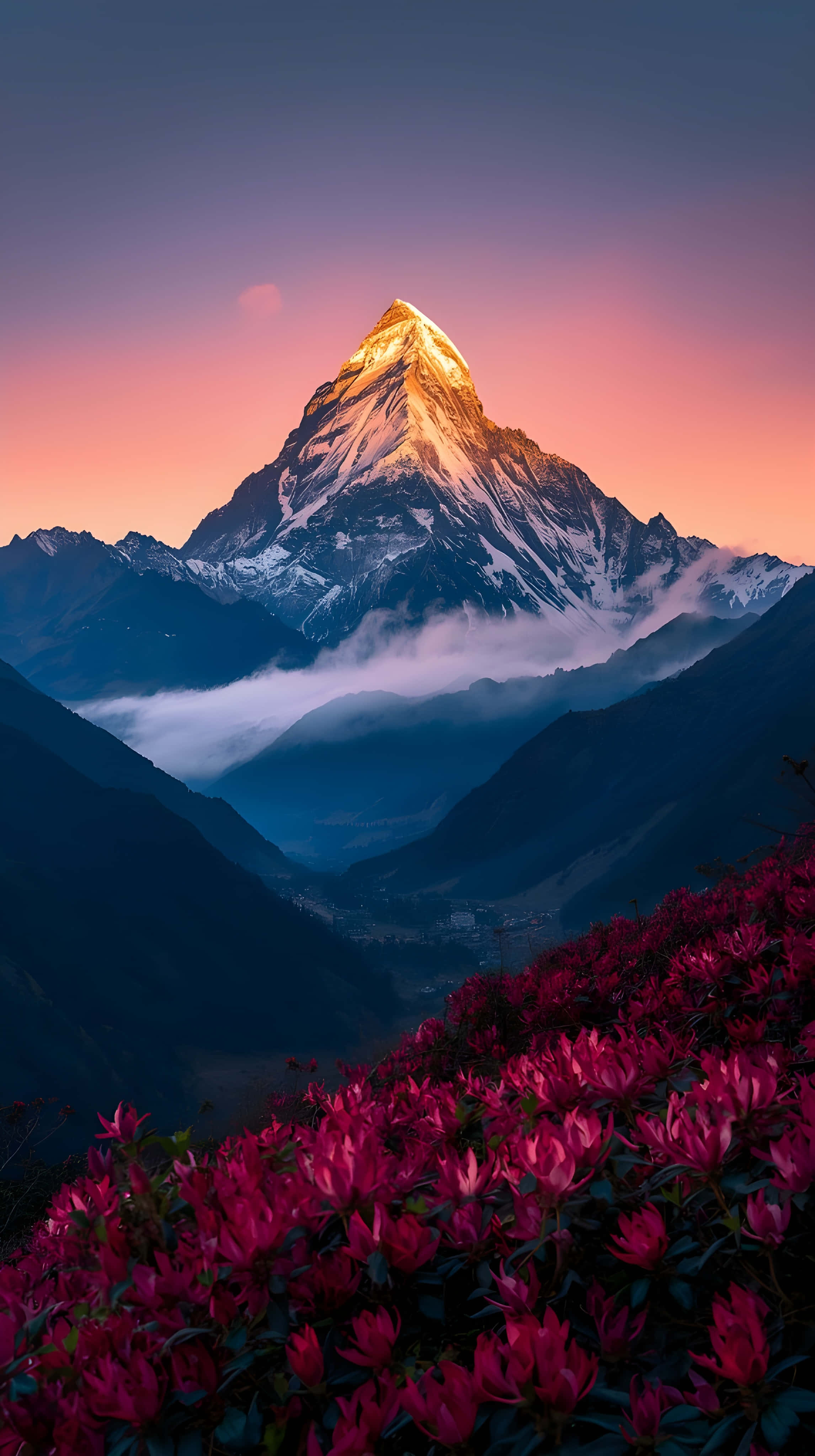 히말라야 일몰 풍경과 분홍빛 꽃들이 있는 세로형 배경화면