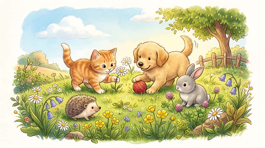 강아지, 새끼 고양이, 토끼, 고슴도치, 동물, 초원, 꽃, 봄, 여름, 자연, 야외, 수채화, 일러스트, 귀여움, 카와이, 어린이, 아기방, 동화, 이야기책, 달콤함