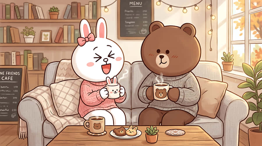 토끼, 곰, 카페, 커피, 우정, 귀여움, 카와이, 일러스트, 만화, 아늑함, 휘게, 스웨터, 가을, 겨울, 인테리어, 라이프스타일, 친구, 사랑, 커플