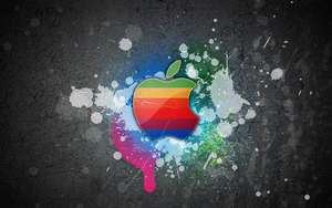 회색 벽에 페인트 얼룩이 있는 Apple Macbook 로고의 쿨하고 화려한 배경화면