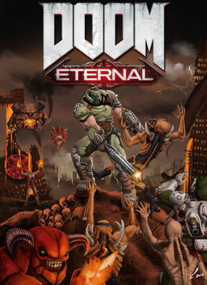 둠가이가 잡졸과 중형 악마를 처치하는 DOOM 이터널 배경화면 — 원플러스 패드 배경화면