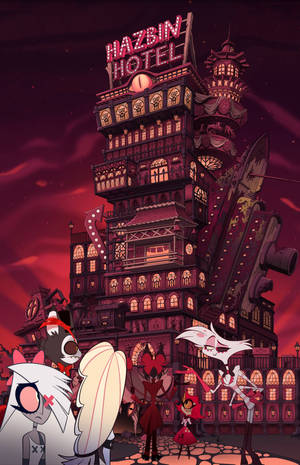 Hazbin Hotel 전체와 밖을 바라보는 친구들의 배경화면. — Honor MagicPad 3 Pro 12.3 배경화면