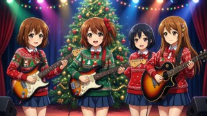 K-On! 소녀들이 무대에서 크리스마스 콘서트를 공연하는 모습