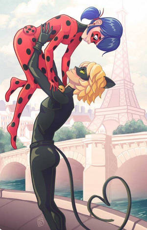 Ladybug와 Cat Noir의 파리 키스 배경화면 — 무당벌레와 검은 고양이 키스 배경화면