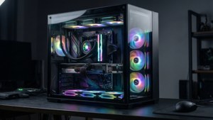 미니멀한 하이엔드 게이밍 PC에 RGB 부품이 빛나고 있습니다. — 게이밍 GIF 배경화면