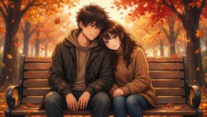 가을 공원 벤치에 앉은 애니메이션 커플, 아늑하고 로맨틱한 분위기. — 애니메이션 커플 배경화면