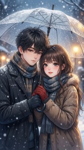 우산 아래 눈 속의 애니메이션 커플 — 애니메이션 커플 배경화면
