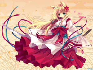 고양이 귀와 기모노를 한 귀여운 애니메이션 소녀 — 귀여운 애니메이션 배경화면